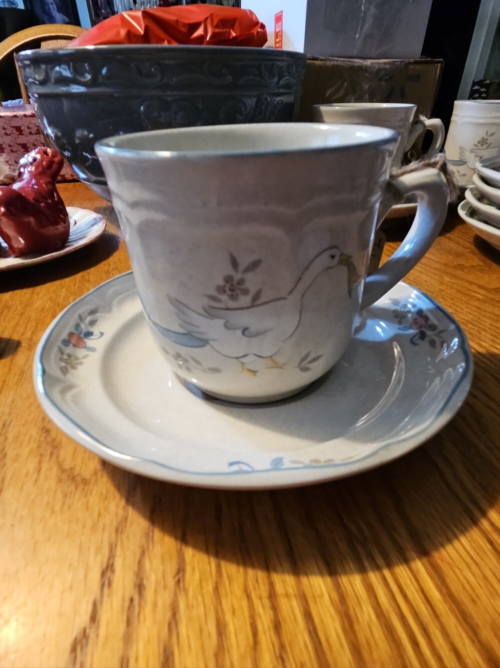 Classic Goose Motif Ceramic Cup & Saucer - Cream and Light Blue